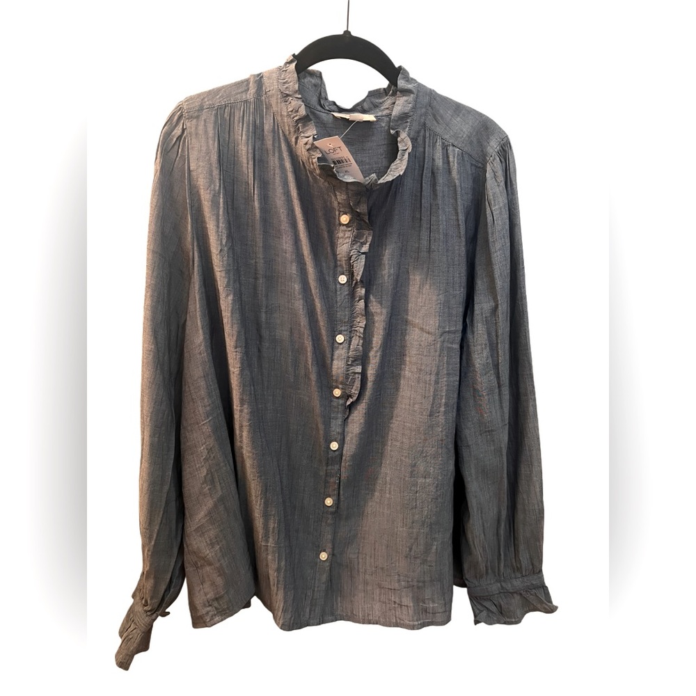 Loft Women’s Chambray Button up Shirt with small ruffle details